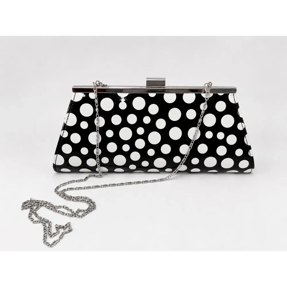Neiman Marcus Black White Polka Dot Clutch Purse Silver Chain Shoulder Bag